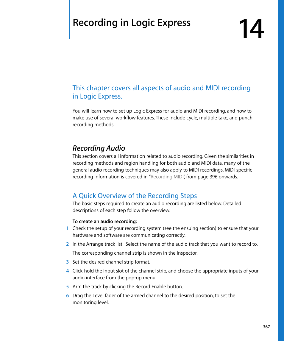 Recording in logic express, Recording audio, A quick overview of the recording steps | Chapter 14, See chapter 14, Recording in, Logic express | Apple Logic Express 8 User Manual | Page 367 / 1055