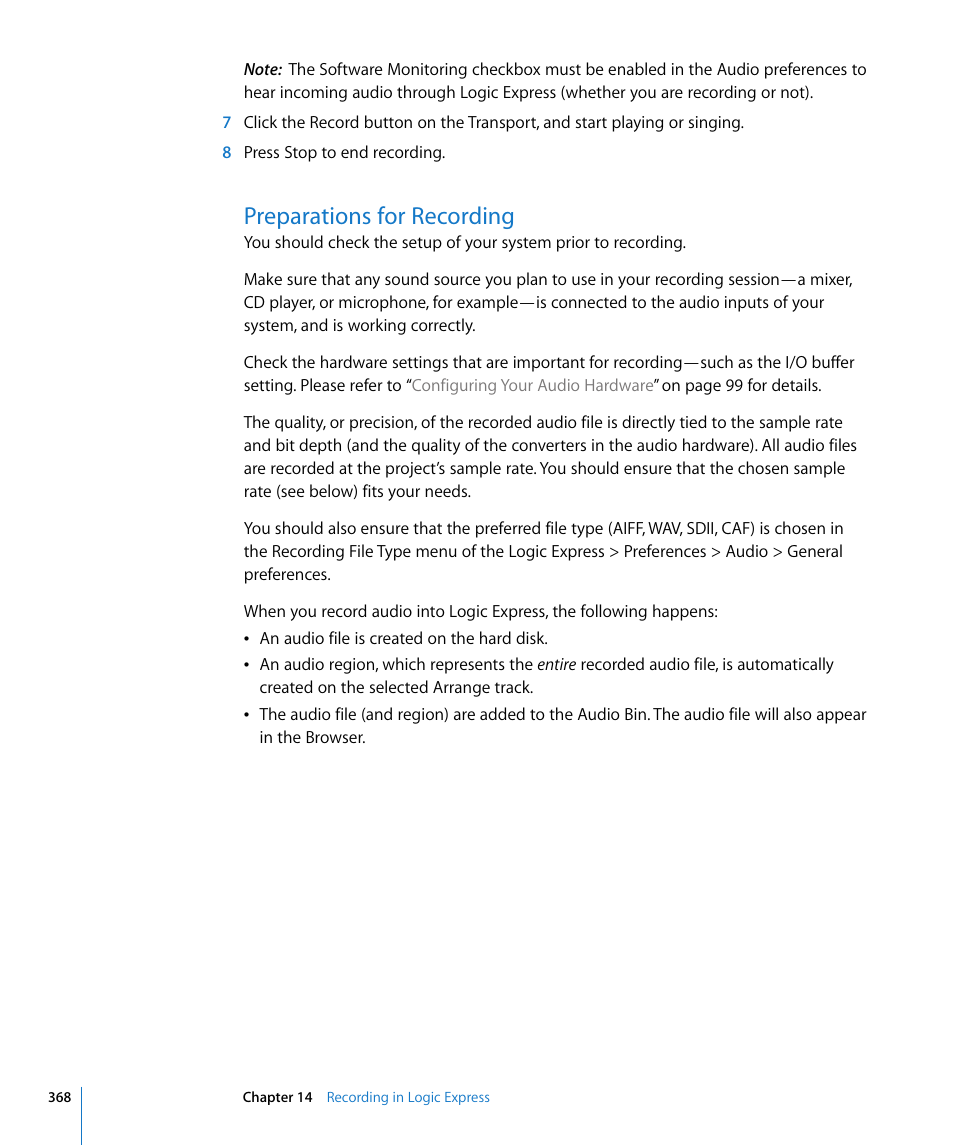 Preparations for recording | Apple Logic Express 8 User Manual | Page 368 / 1055