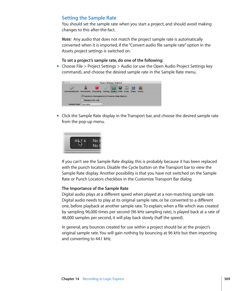 Setting the sample rate | Apple Logic Express 8 User Manual | Page 369 / 1055