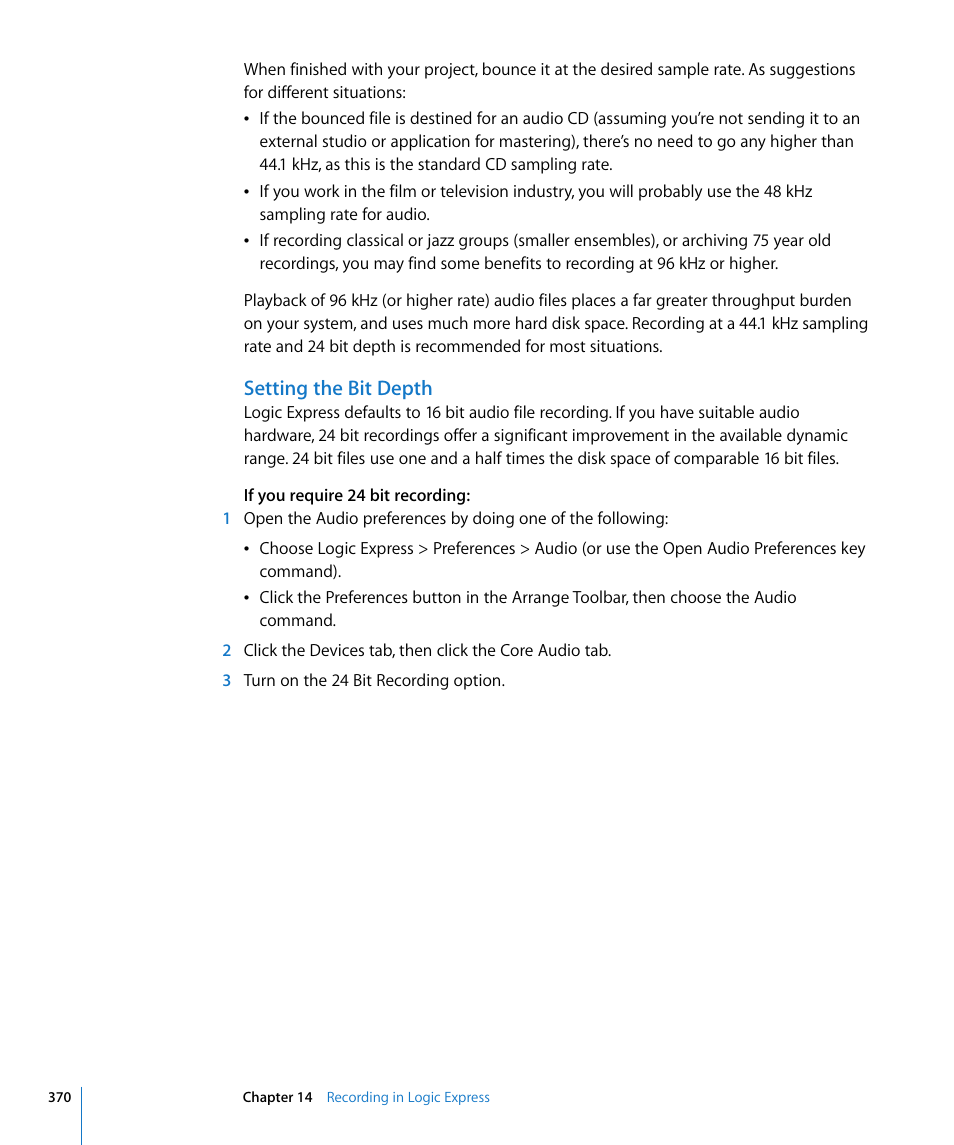 Setting the bit depth | Apple Logic Express 8 User Manual | Page 370 / 1055