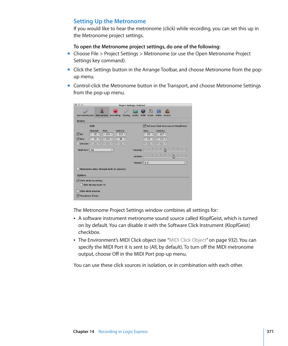 Setting up the metronome | Apple Logic Express 8 User Manual | Page 371 / 1055