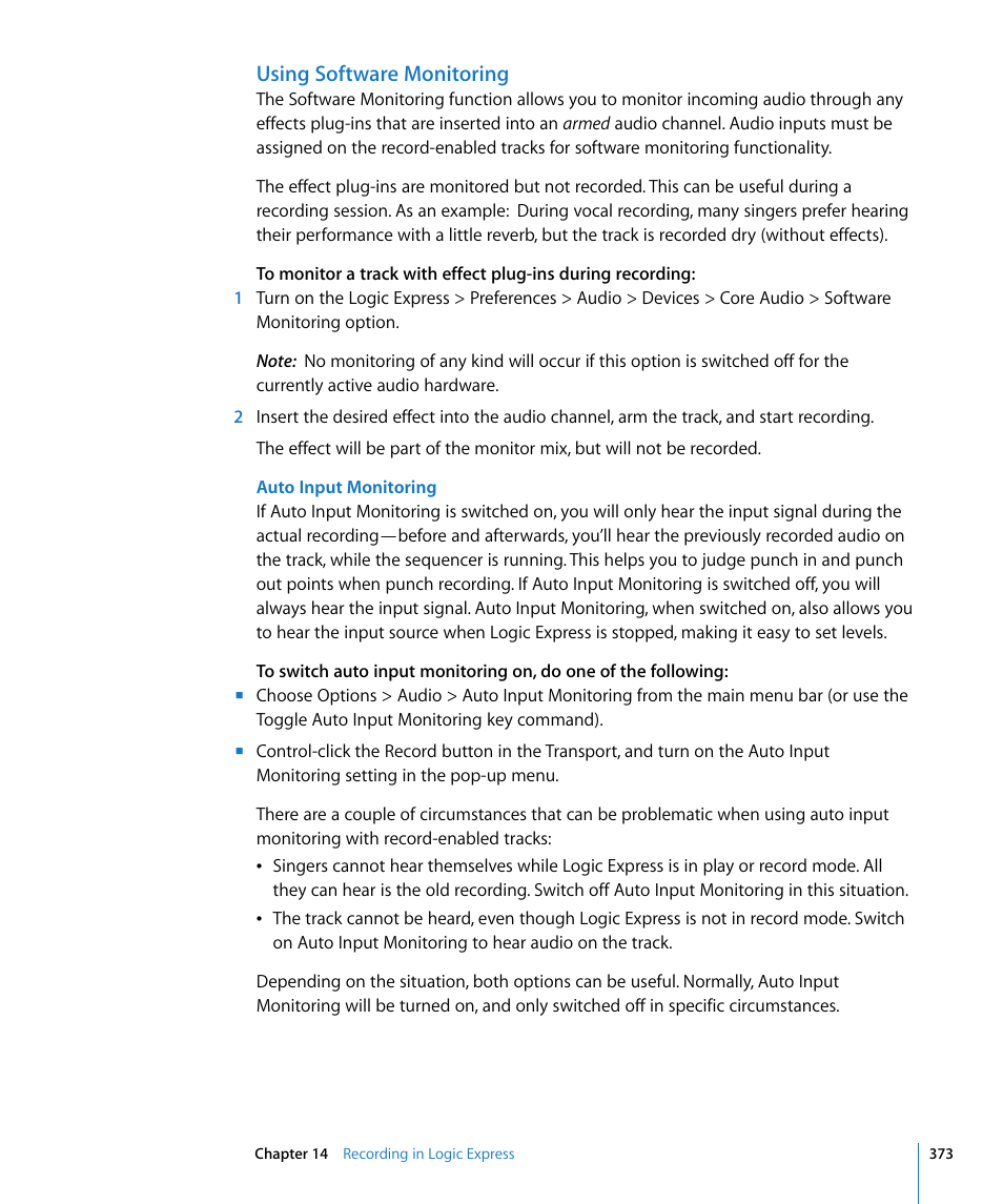 Using software monitoring | Apple Logic Express 8 User Manual | Page 373 / 1055