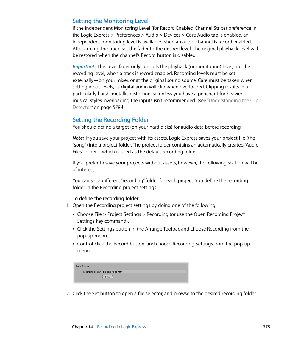 Setting the monitoring level, Setting the recording folder | Apple Logic Express 8 User Manual | Page 375 / 1055