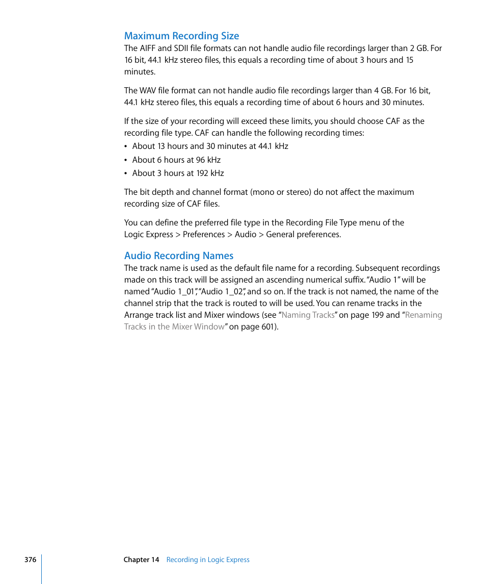 Maximum recording size, Audio recording names | Apple Logic Express 8 User Manual | Page 376 / 1055
