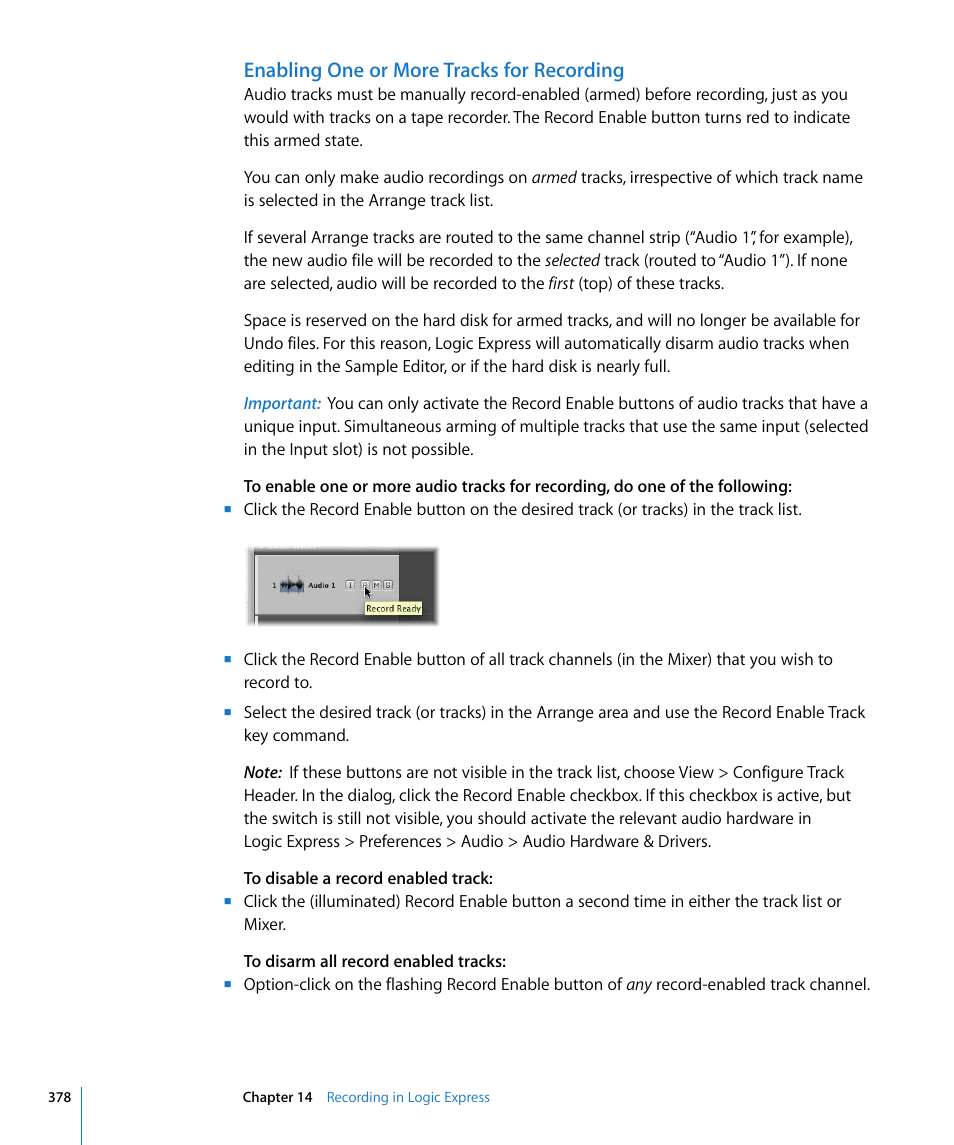Enabling one or more tracks for recording | Apple Logic Express 8 User Manual | Page 378 / 1055