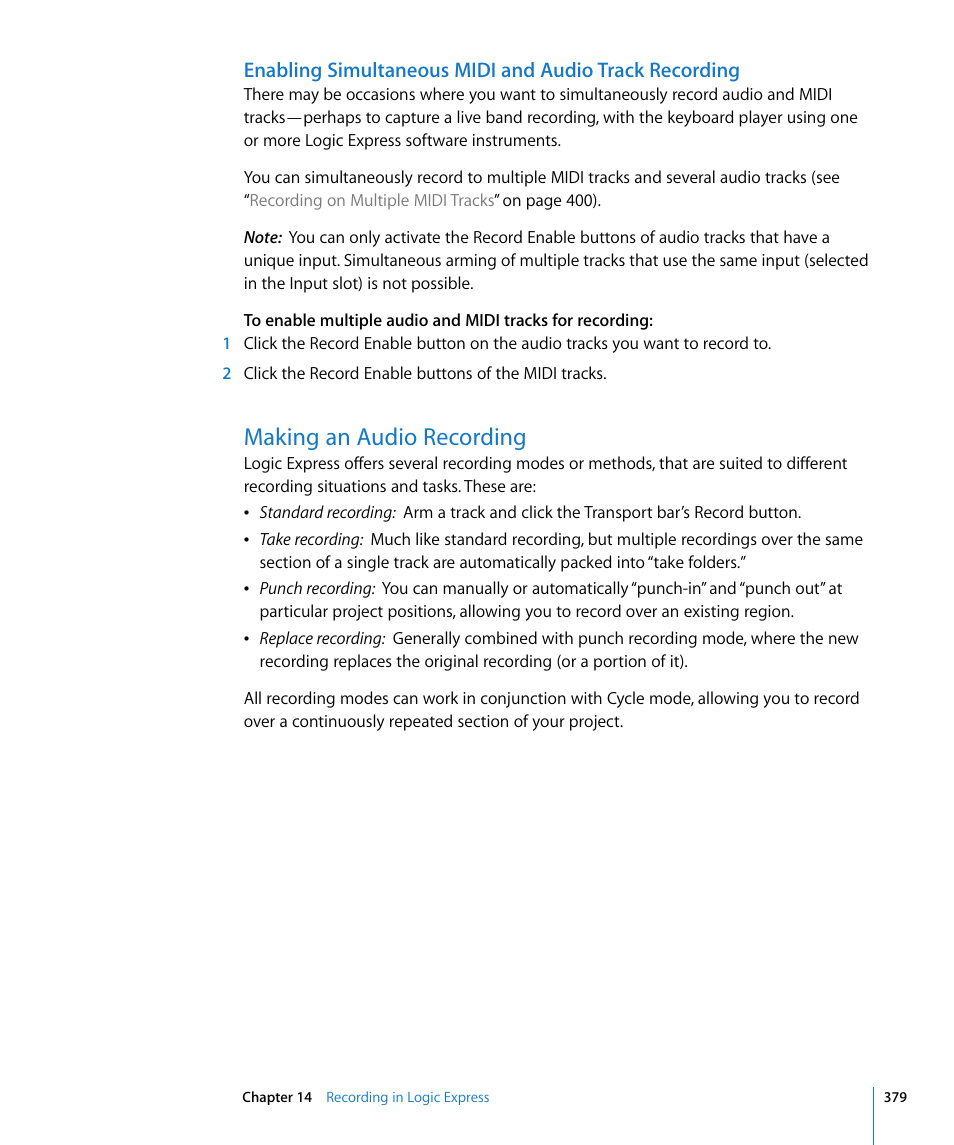 Making an audio recording | Apple Logic Express 8 User Manual | Page 379 / 1055