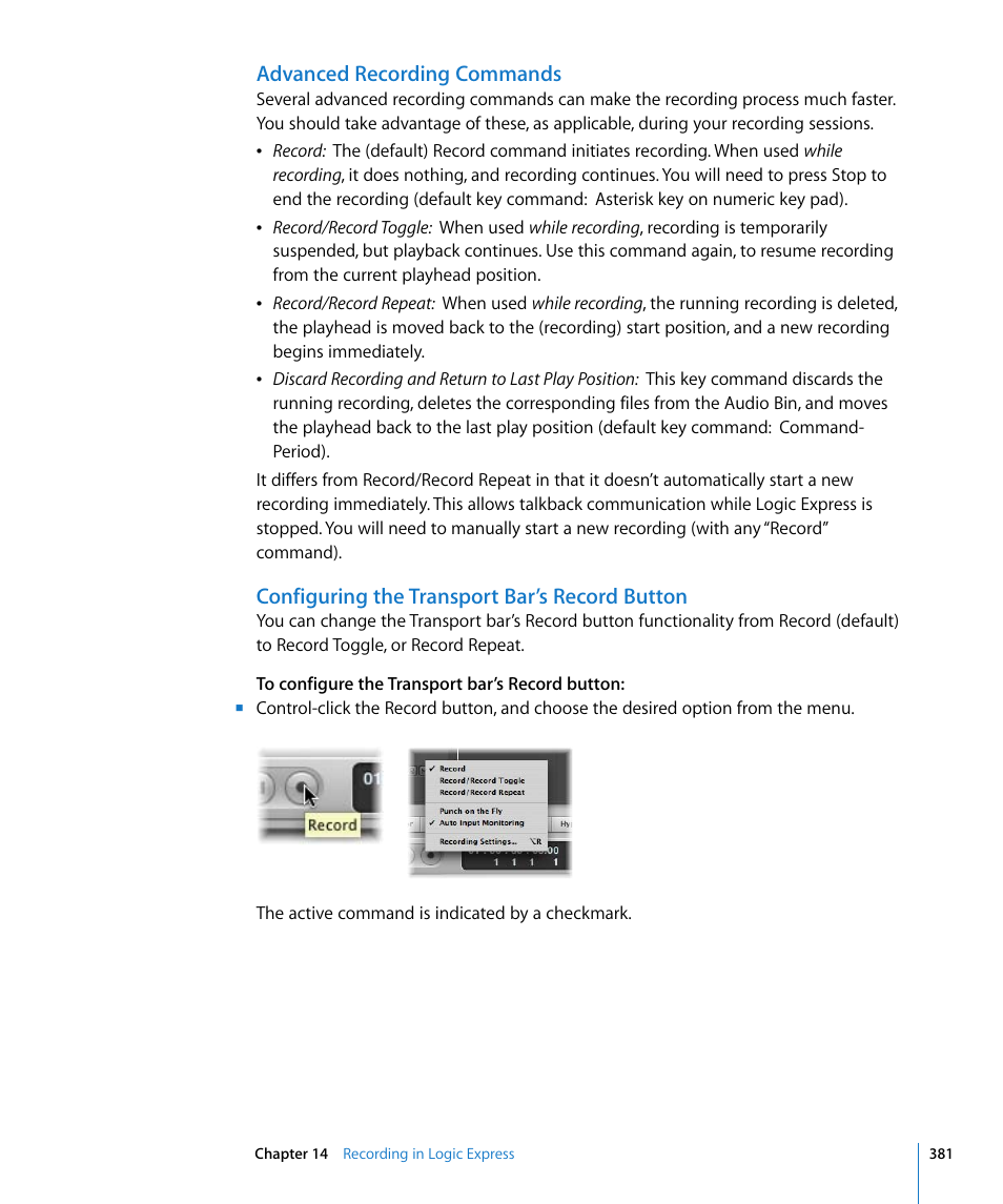 Advanced recording commands, Configuring the transport bar’s record button | Apple Logic Express 8 User Manual | Page 381 / 1055