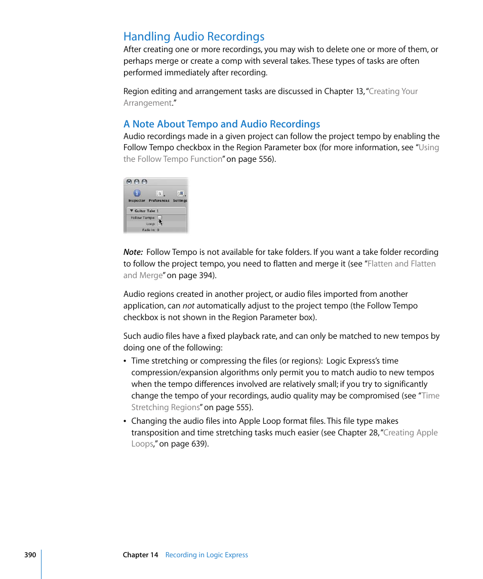 Handling audio recordings, A note about tempo and audio recordings | Apple Logic Express 8 User Manual | Page 390 / 1055