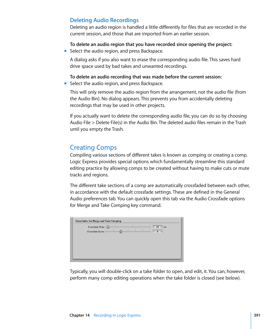Deleting audio recordings, Creating comps, Ound in | Apple Logic Express 8 User Manual | Page 391 / 1055
