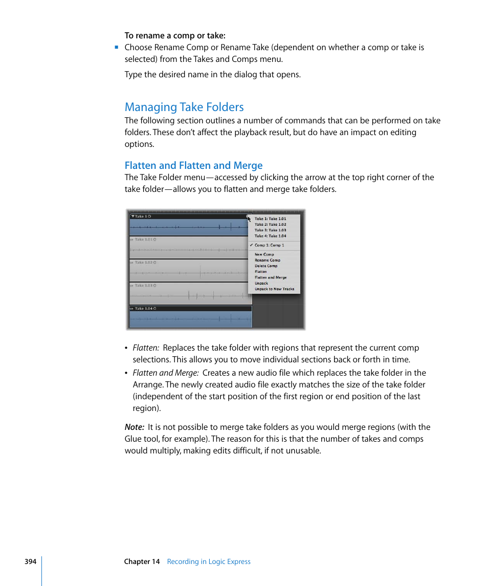 Managing take folders, Flatten and flatten and merge, Ge it (see | Flatten and flatten, And merge | Apple Logic Express 8 User Manual | Page 394 / 1055