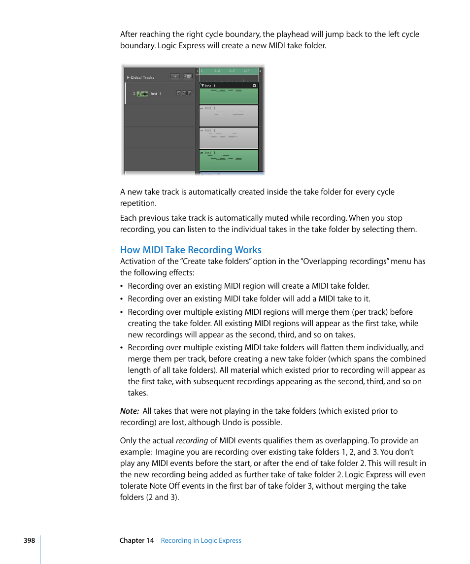 How midi take recording works, Dings menu (see, How midi take | Recording works | Apple Logic Express 8 User Manual | Page 398 / 1055