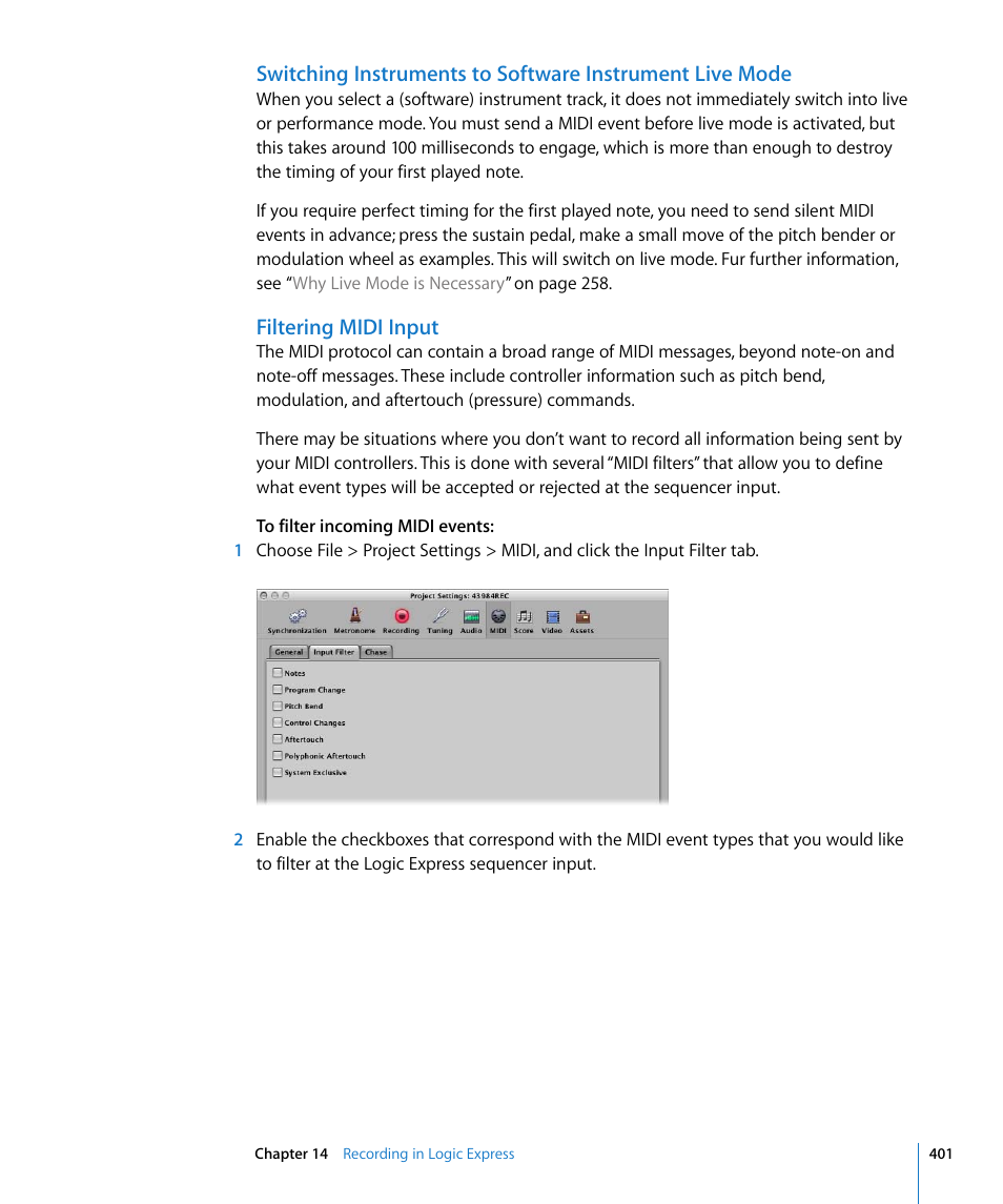 Filtering midi input | Apple Logic Express 8 User Manual | Page 401 / 1055