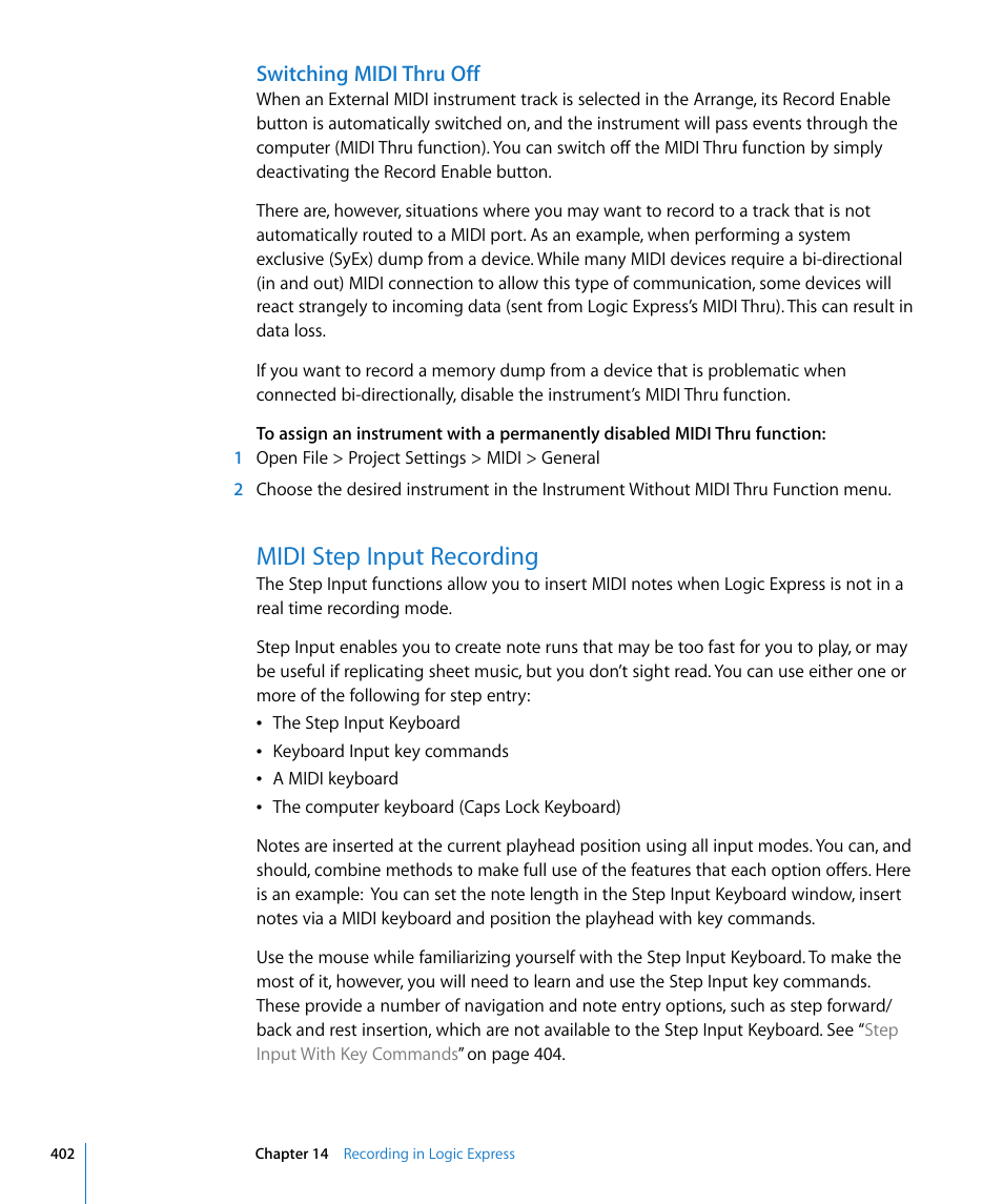 Switching midi thru off, Midi step input recording, Ull details in | Apple Logic Express 8 User Manual | Page 402 / 1055