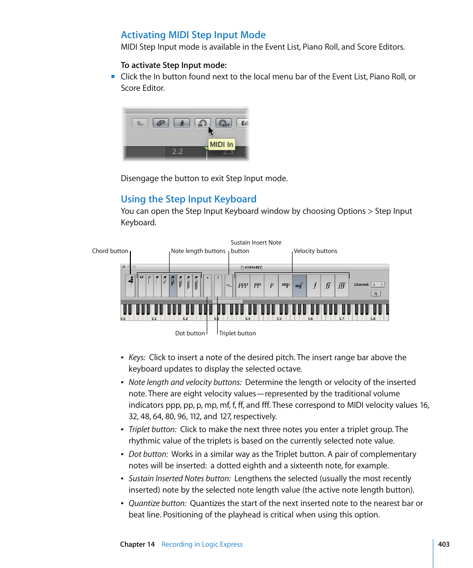 Activating midi step input mode, Using the step input keyboard | Apple Logic Express 8 User Manual | Page 403 / 1055