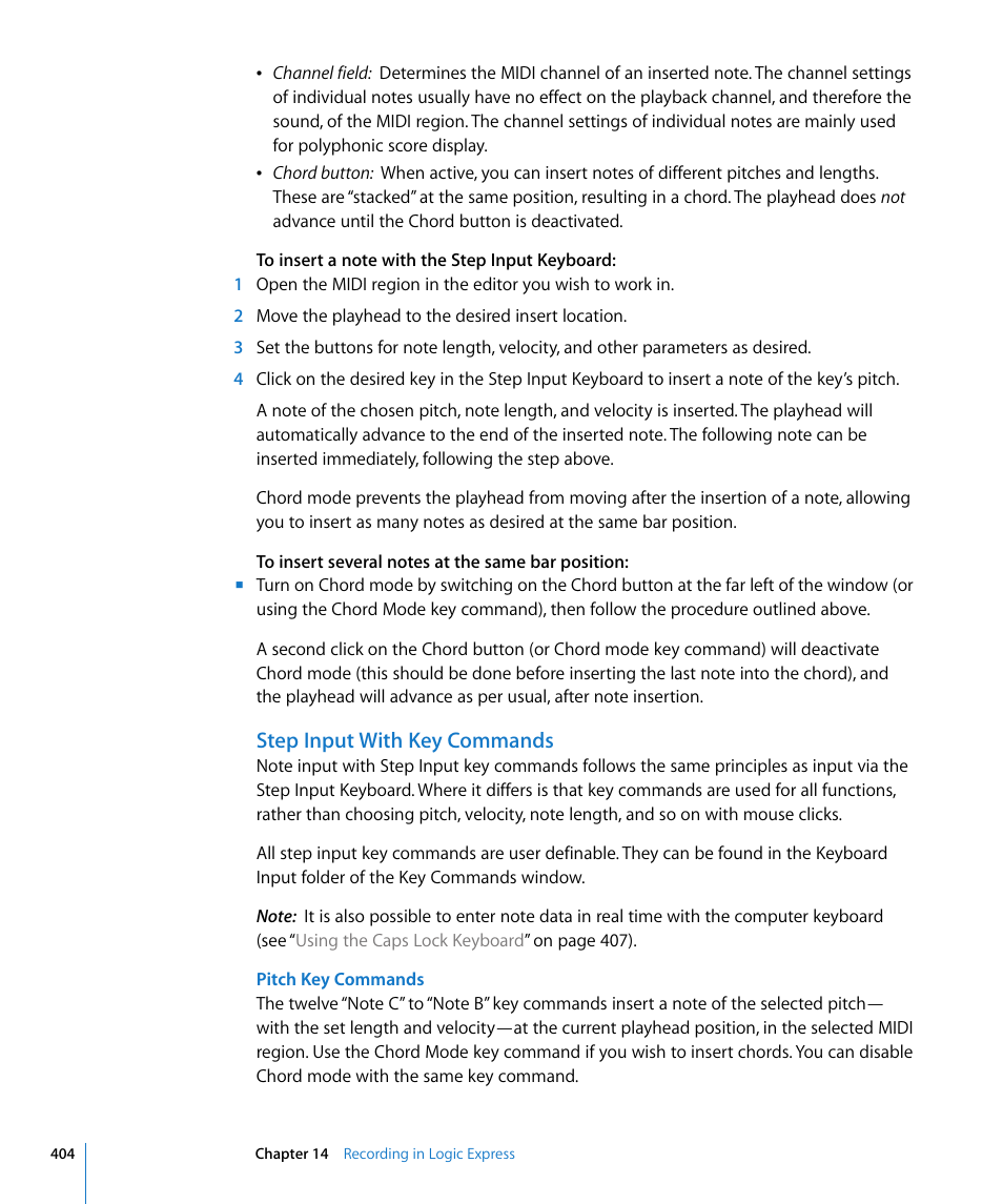 Step input with key commands, Step, Input with key commands | Apple Logic Express 8 User Manual | Page 404 / 1055