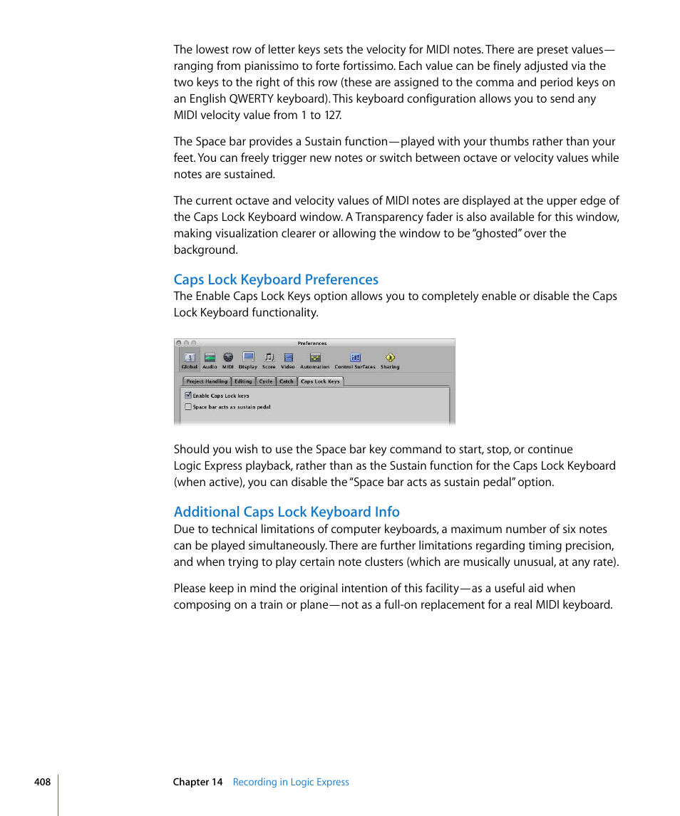 Caps lock keyboard preferences, Additional caps lock keyboard info | Apple Logic Express 8 User Manual | Page 408 / 1055