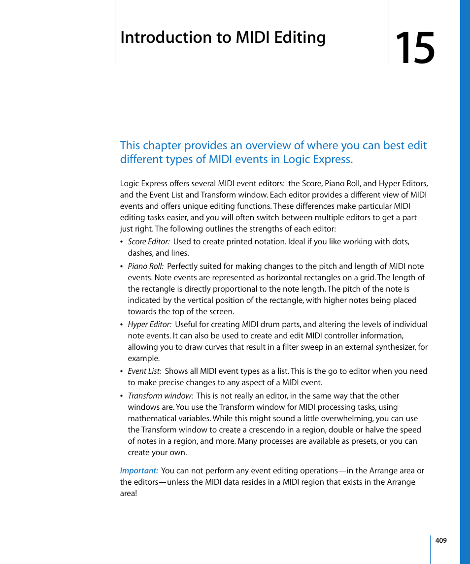 Introduction to midi editing, Chapter 15 | Apple Logic Express 8 User Manual | Page 409 / 1055