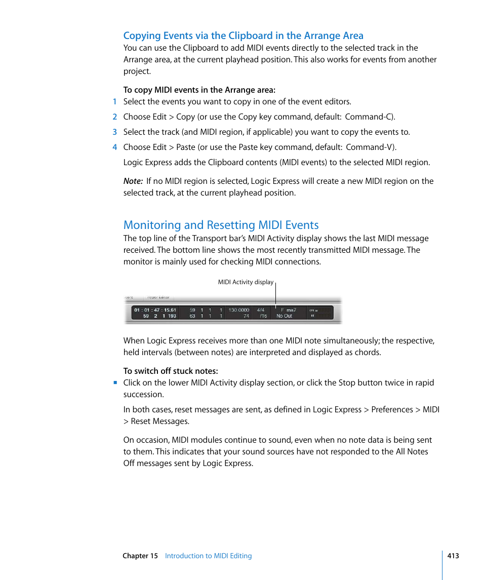 Monitoring and resetting midi events | Apple Logic Express 8 User Manual | Page 413 / 1055