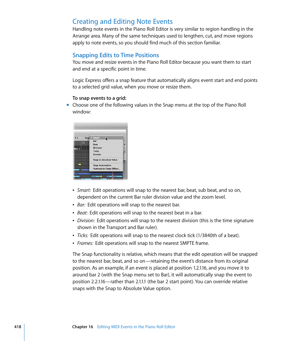 Creating and editing note events, Snapping edits to time positions | Apple Logic Express 8 User Manual | Page 418 / 1055