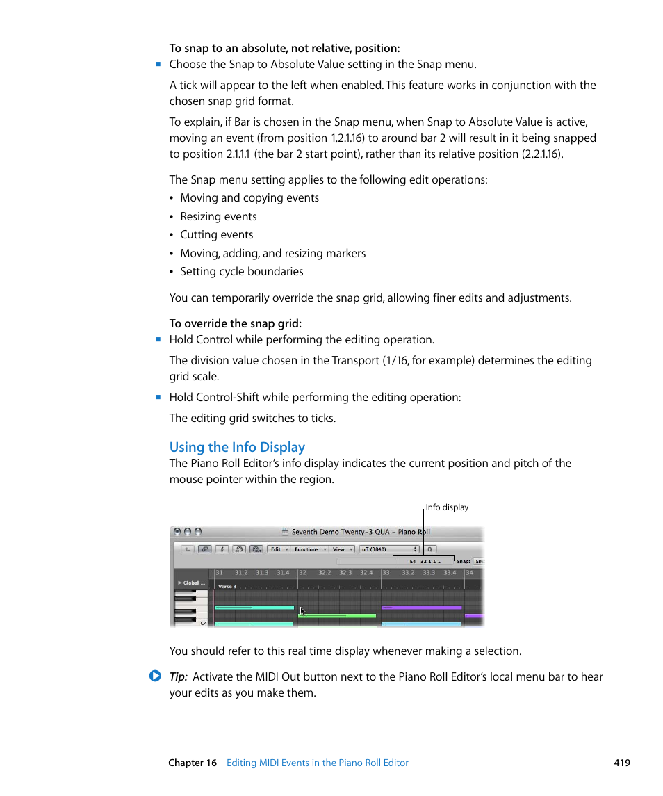Using the info display | Apple Logic Express 8 User Manual | Page 419 / 1055