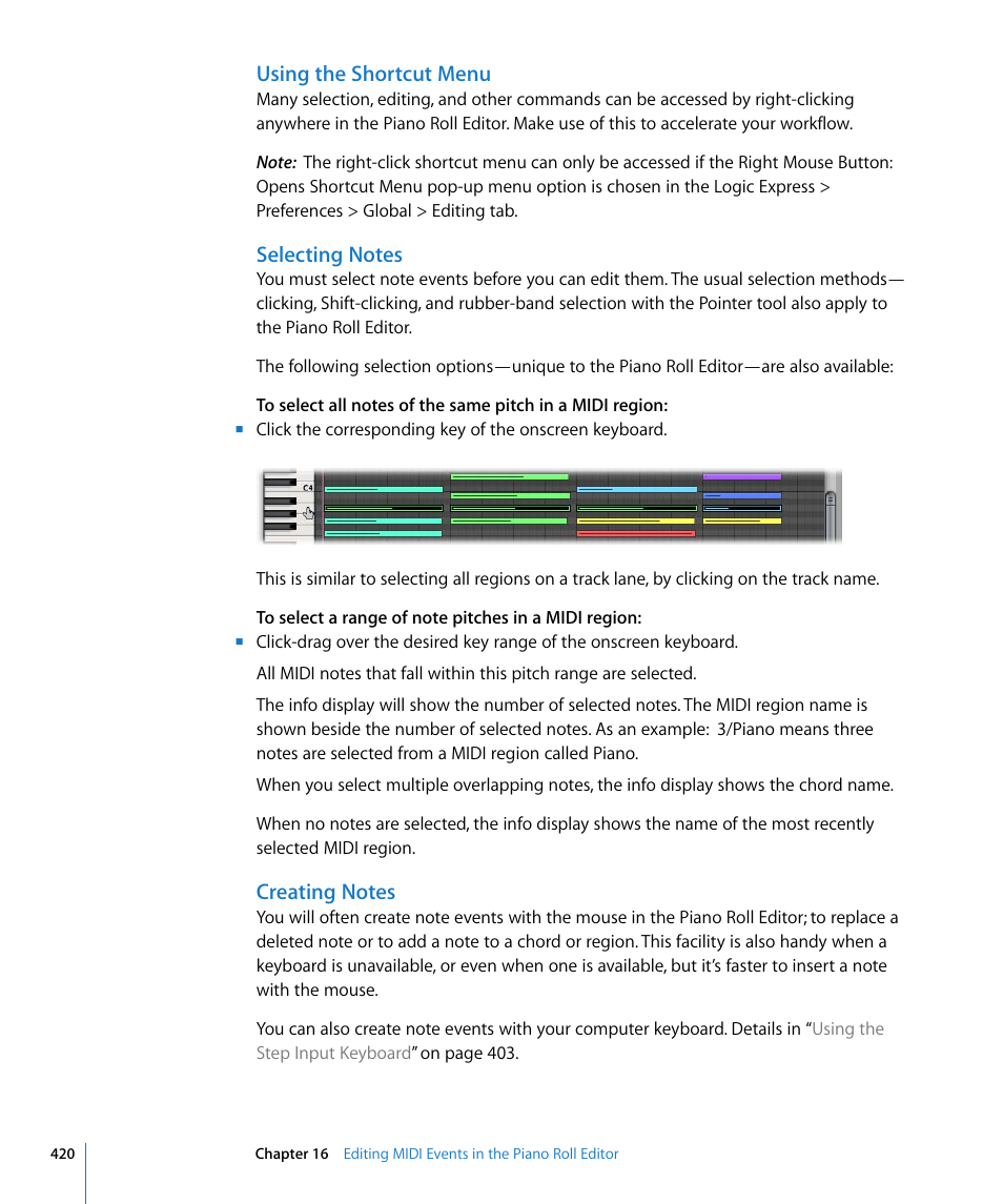 Using the shortcut menu, Selecting notes, Creating notes | Apple Logic Express 8 User Manual | Page 420 / 1055