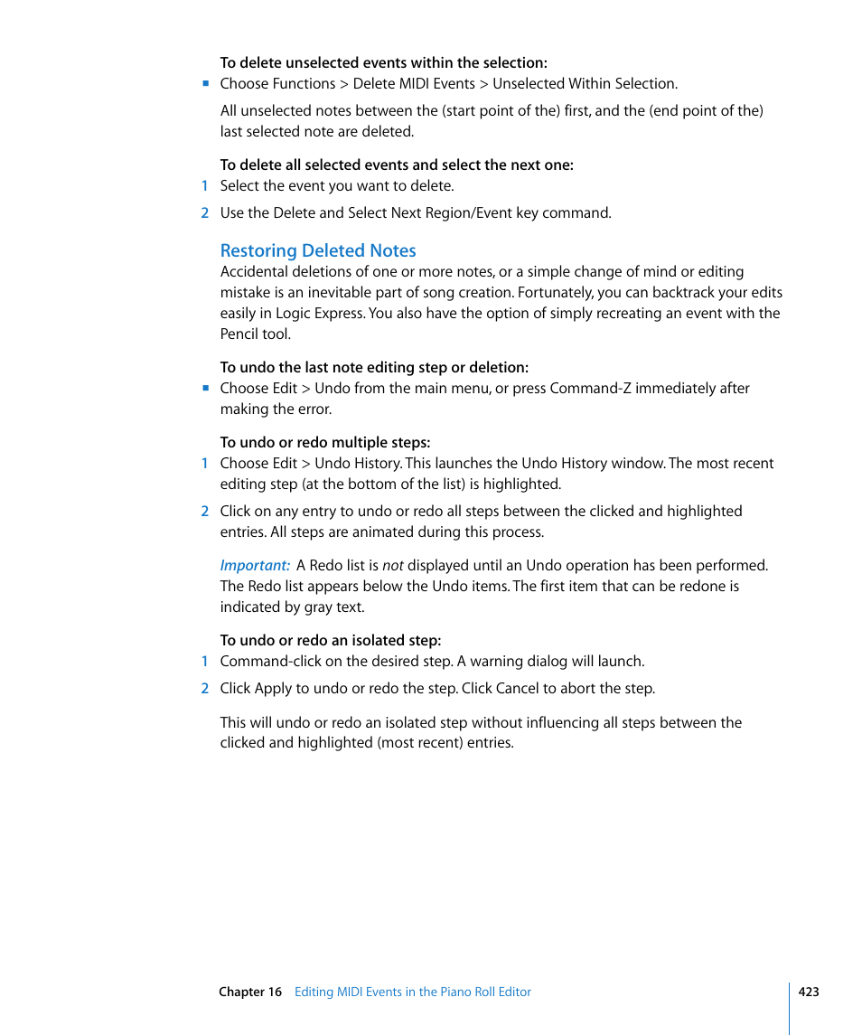 Restoring deleted notes | Apple Logic Express 8 User Manual | Page 423 / 1055