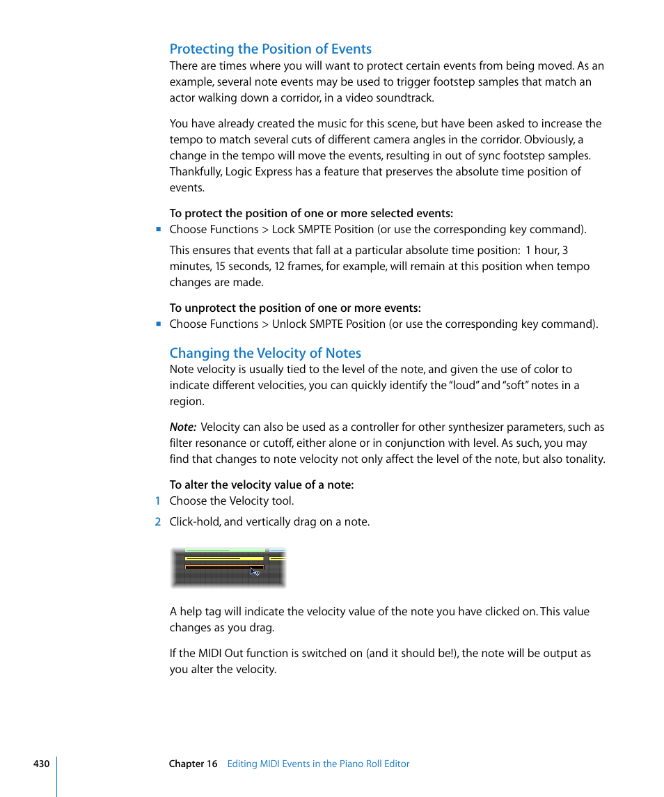 Protecting the position of events, Changing the velocity of notes | Apple Logic Express 8 User Manual | Page 430 / 1055