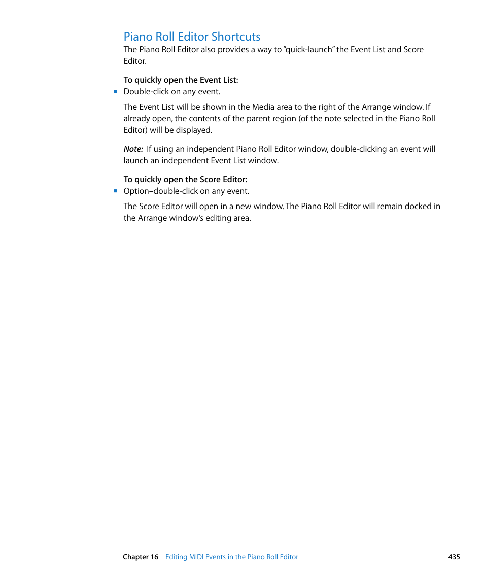 Piano roll editor shortcuts | Apple Logic Express 8 User Manual | Page 435 / 1055