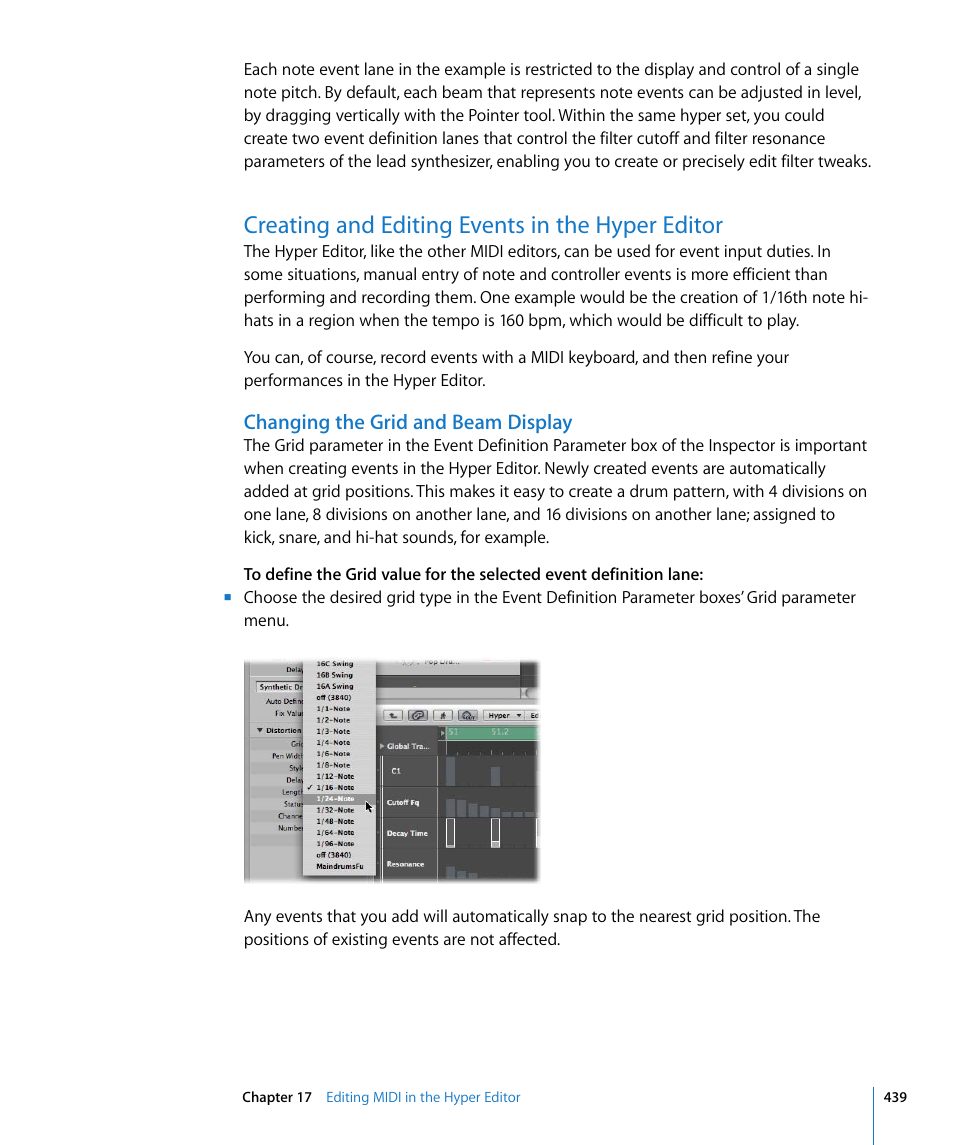 Creating and editing events in the hyper editor, Changing the grid and beam display | Apple Logic Express 8 User Manual | Page 439 / 1055