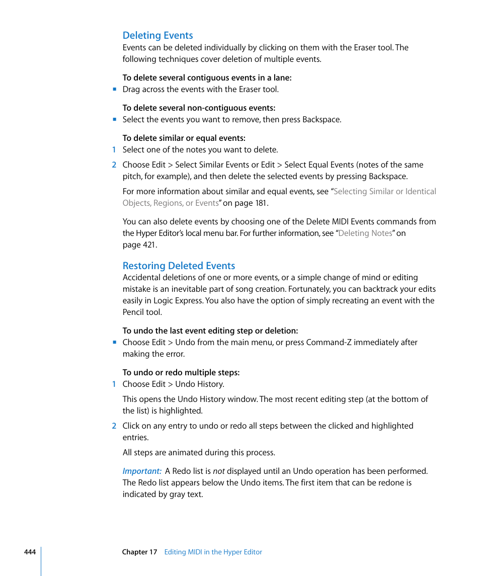 Deleting events, Restoring deleted events | Apple Logic Express 8 User Manual | Page 444 / 1055