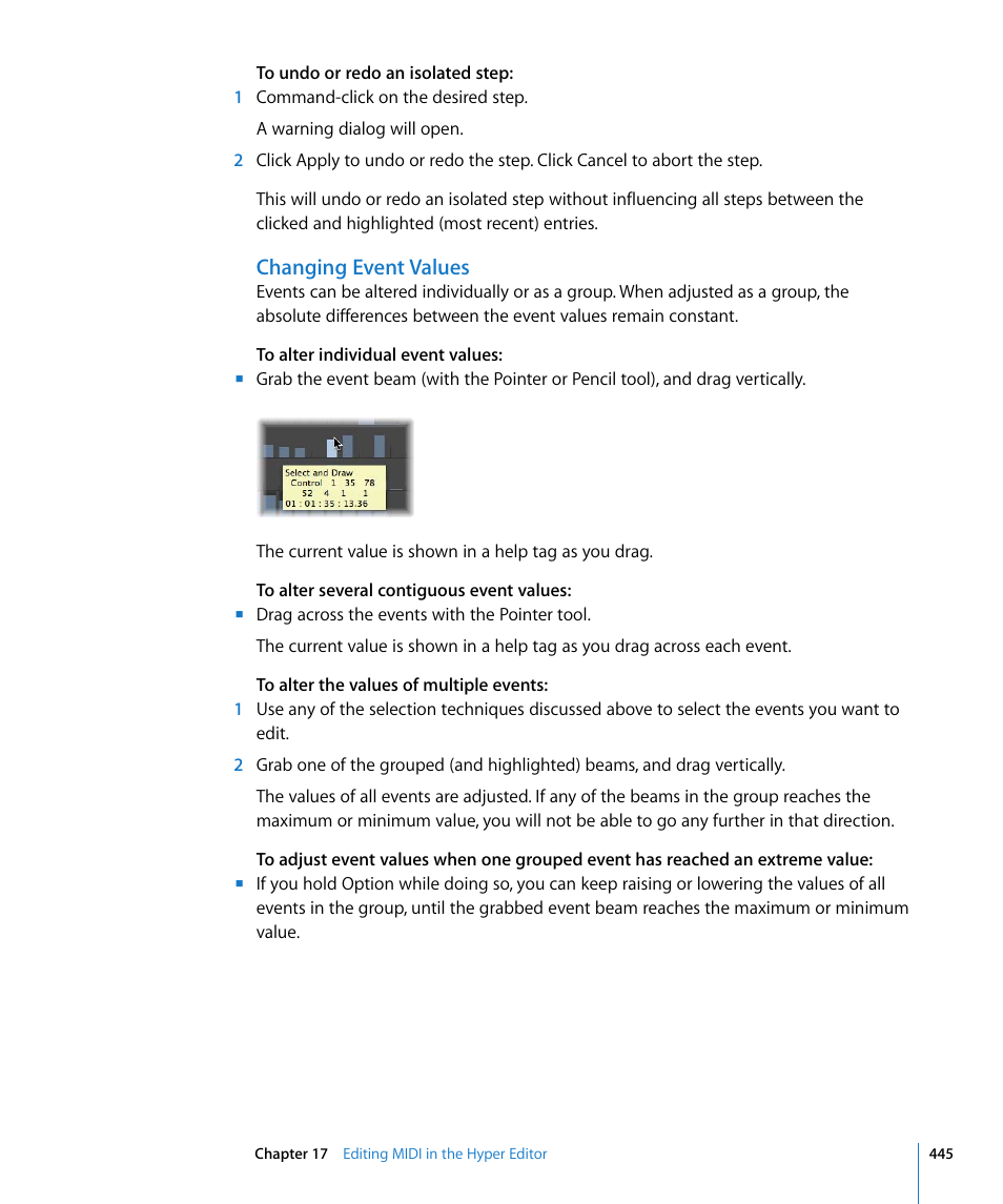 Changing event values | Apple Logic Express 8 User Manual | Page 445 / 1055