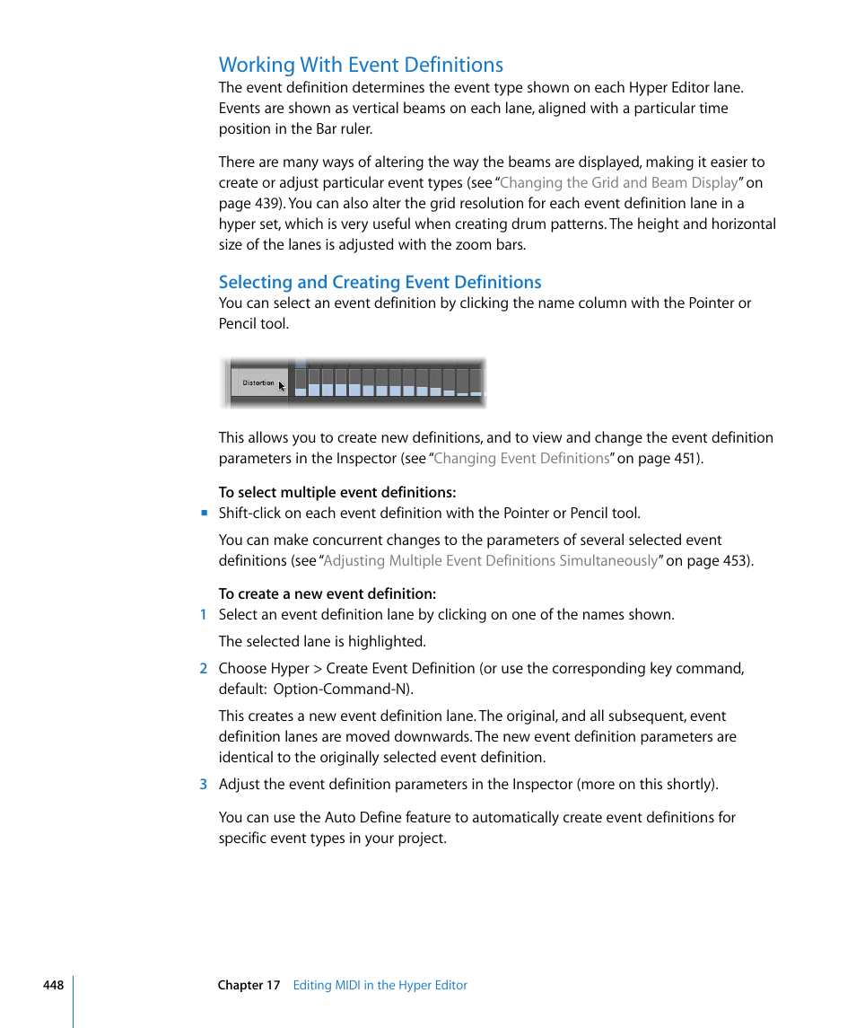 Working with event definitions, Selecting and creating event definitions | Apple Logic Express 8 User Manual | Page 448 / 1055