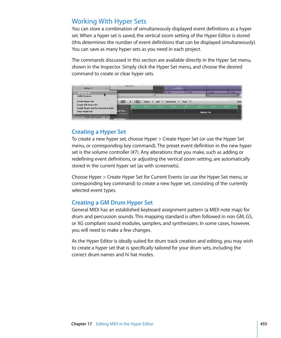 Working with hyper sets, Creating a hyper set, Creating a gm drum hyper set | Apple Logic Express 8 User Manual | Page 455 / 1055