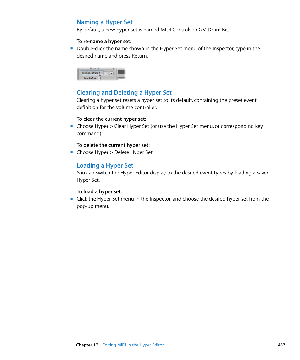 Naming a hyper set, Clearing and deleting a hyper set, Loading a hyper set | Apple Logic Express 8 User Manual | Page 457 / 1055