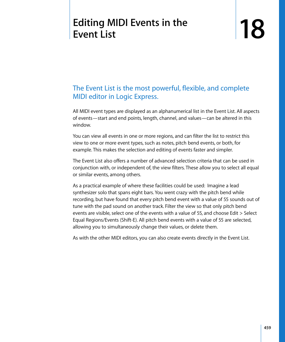 Editing midi events in the event list, Chapter 18 | Apple Logic Express 8 User Manual | Page 459 / 1055