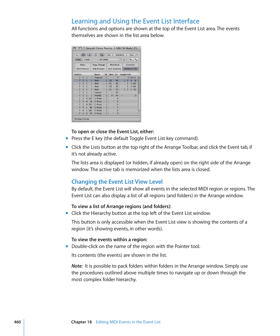 Learning and using the event list interface, Changing the event list view level, El (see | Changing, The event list view level | Apple Logic Express 8 User Manual | Page 460 / 1055