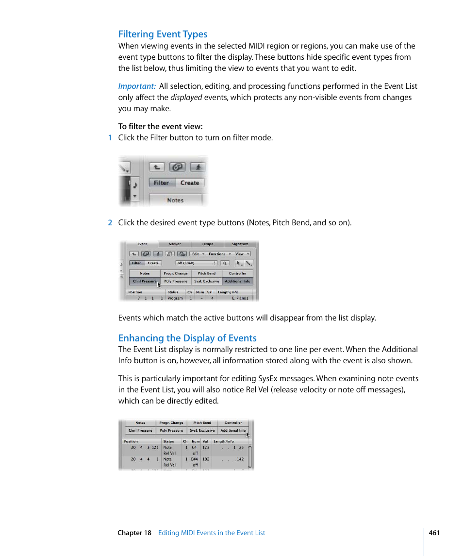 Filtering event types, Enhancing the display of events | Apple Logic Express 8 User Manual | Page 461 / 1055