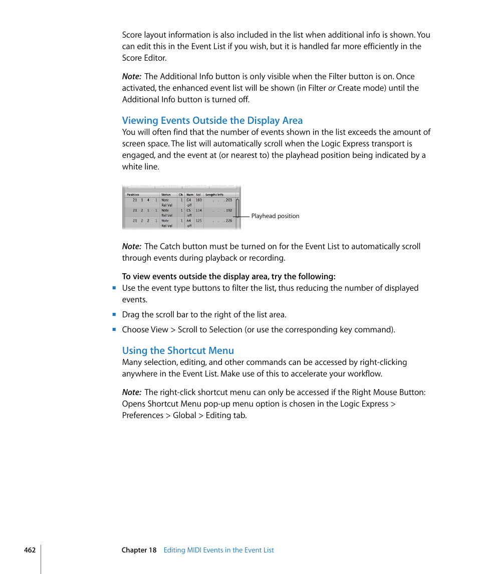 Viewing events outside the display area, Using the shortcut menu | Apple Logic Express 8 User Manual | Page 462 / 1055