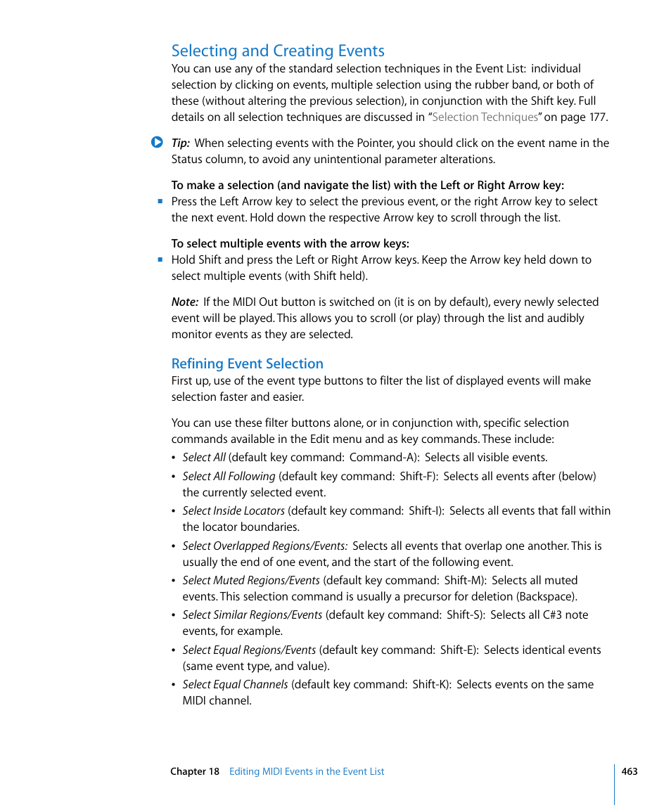 Selecting and creating events, Refining event selection | Apple Logic Express 8 User Manual | Page 463 / 1055
