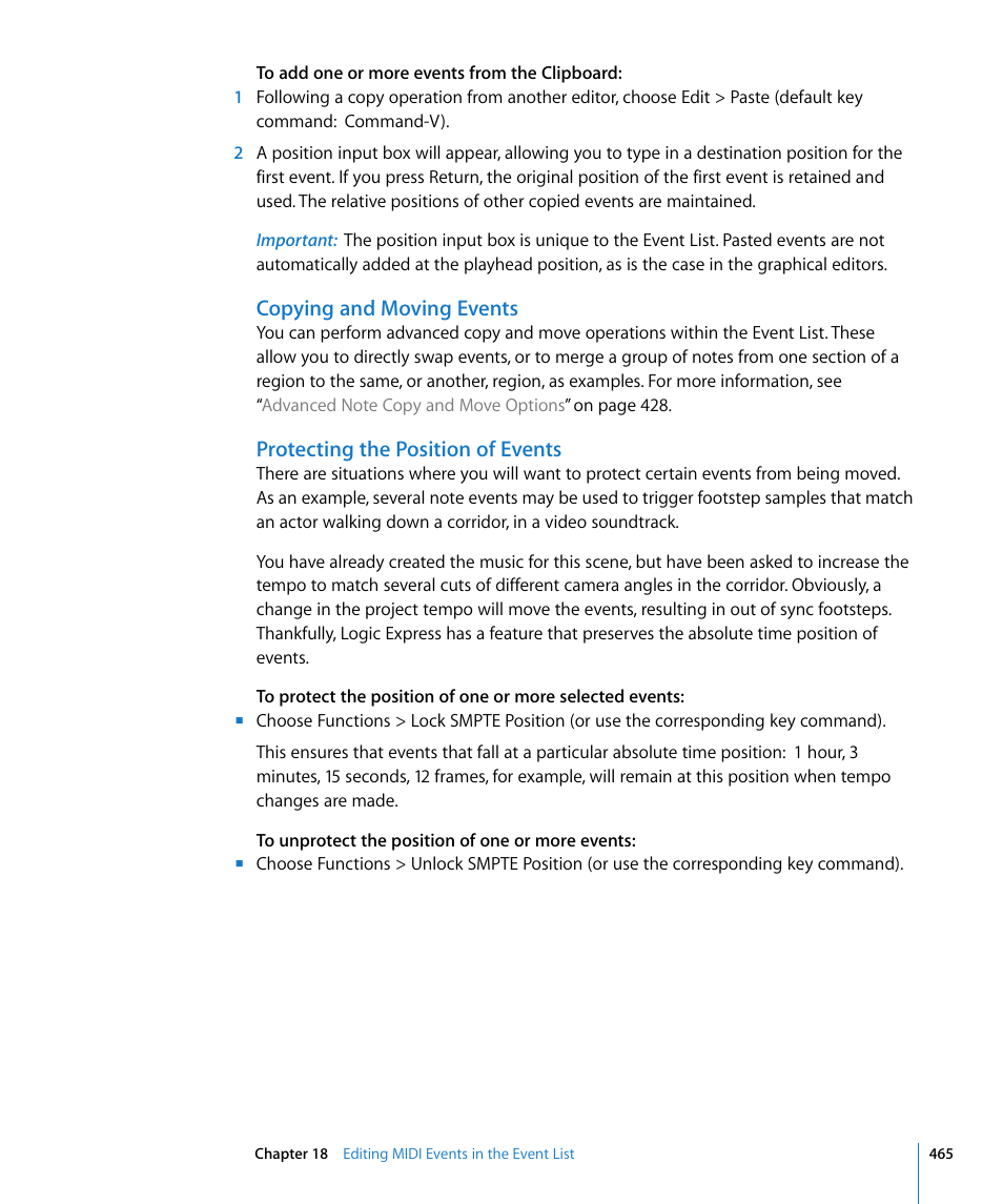 Copying and moving events, Protecting the position of events | Apple Logic Express 8 User Manual | Page 465 / 1055