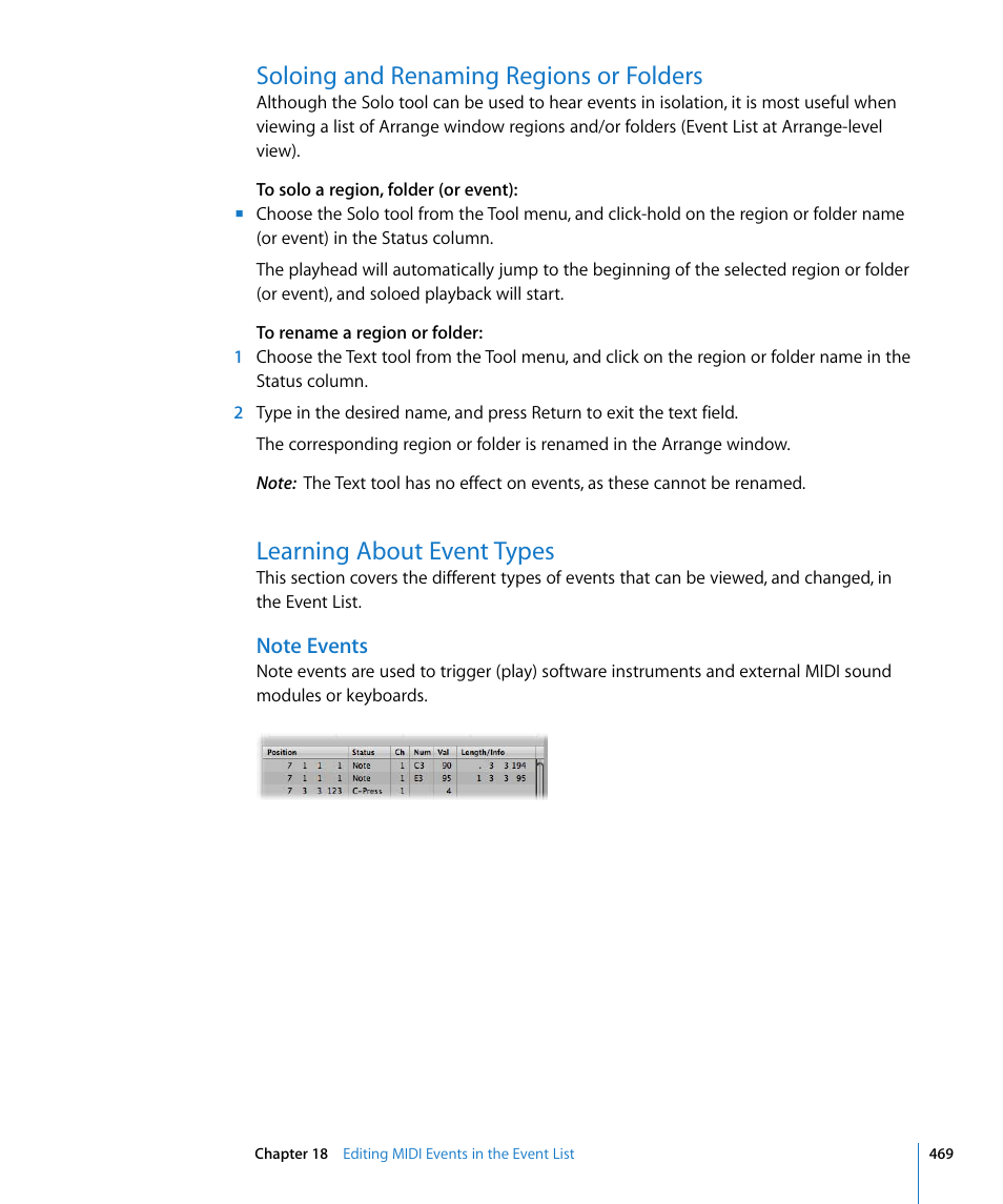 Soloing and renaming regions or folders, Learning about event types, Note events | Ound in, Learning, About event types | Apple Logic Express 8 User Manual | Page 469 / 1055