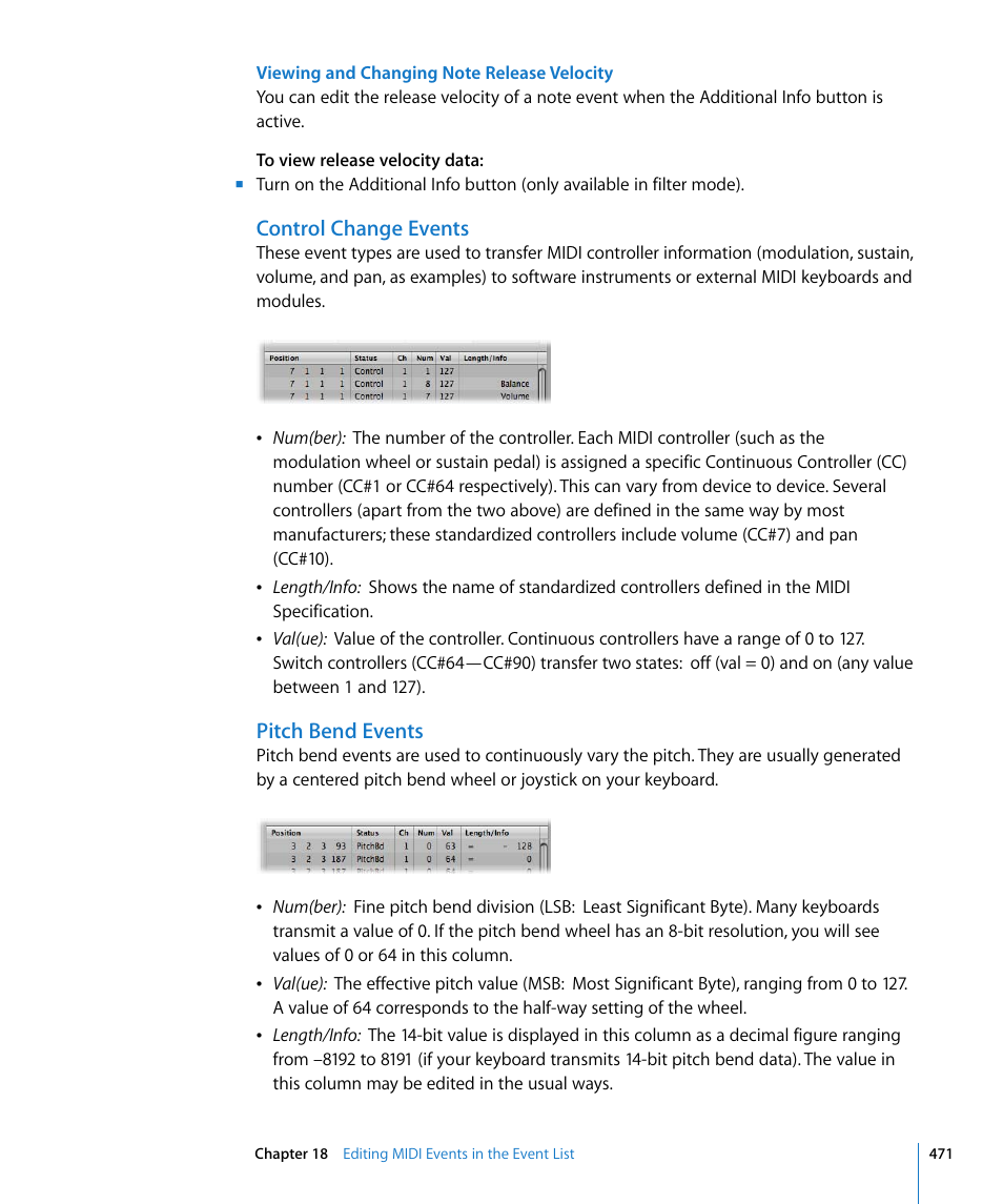 Control change events, Pitch bend events | Apple Logic Express 8 User Manual | Page 471 / 1055