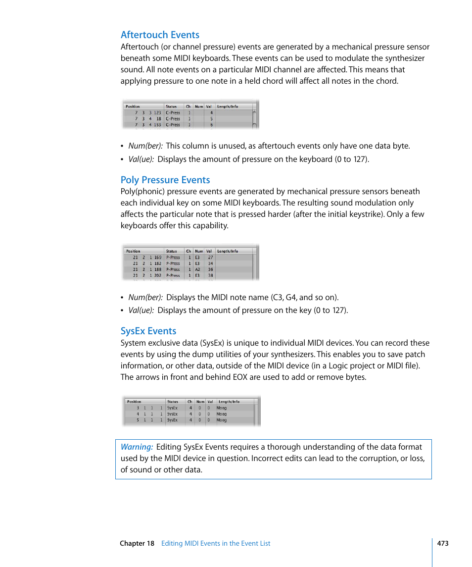 Aftertouch events, Poly pressure events, Sysex events | Apple Logic Express 8 User Manual | Page 473 / 1055