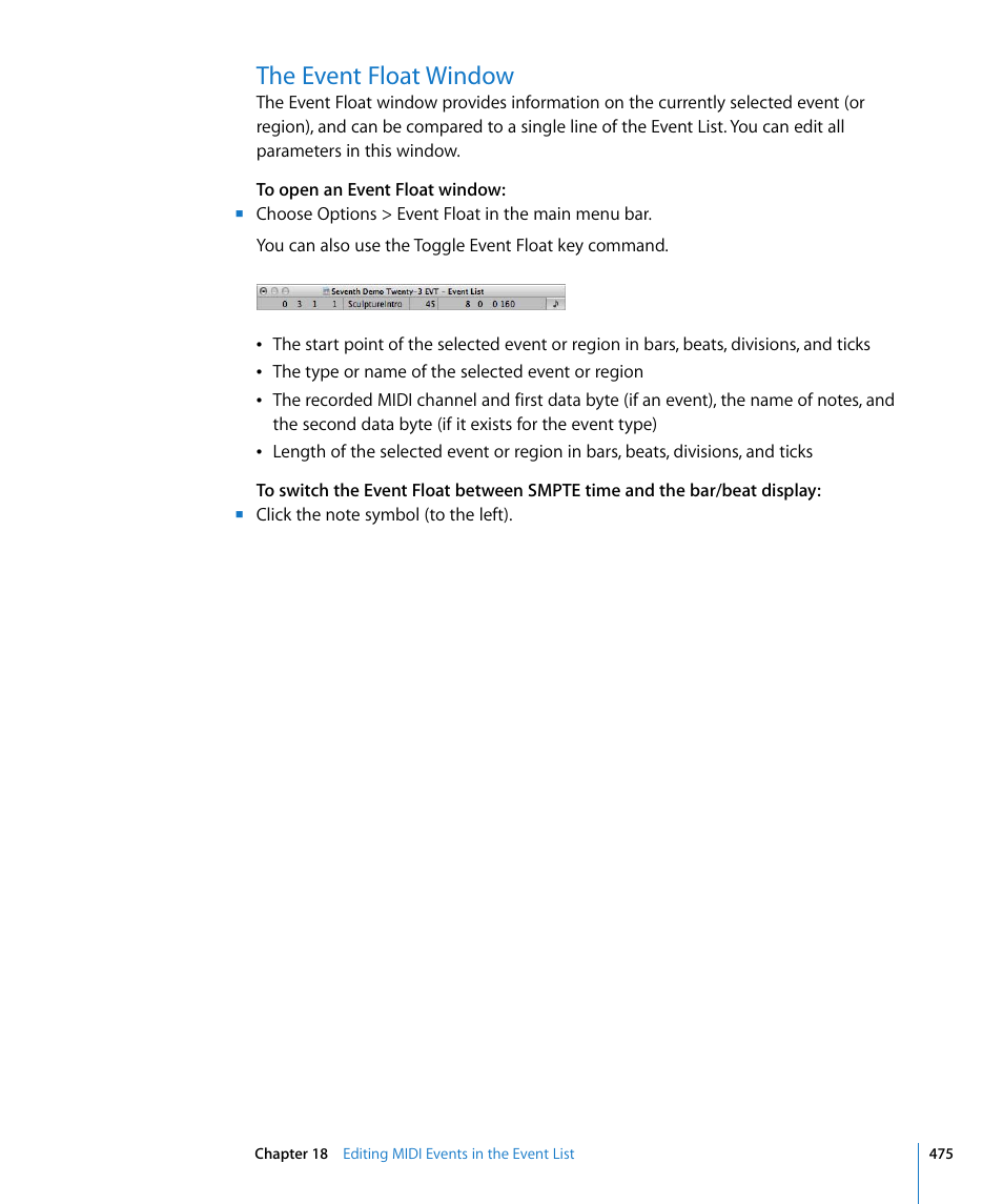 The event float window | Apple Logic Express 8 User Manual | Page 475 / 1055