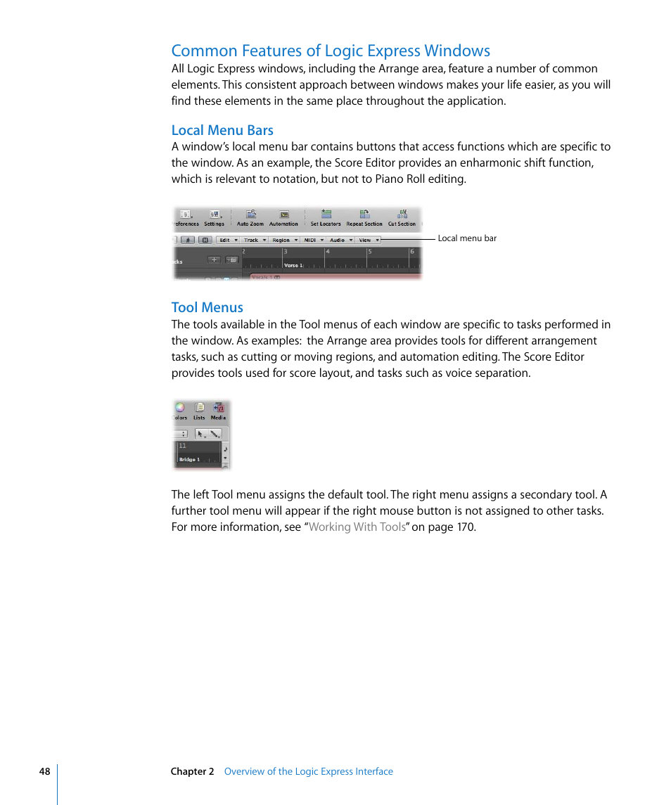 Common features of logic express windows, Local menu bars, Tool menus | Apple Logic Express 8 User Manual | Page 48 / 1055