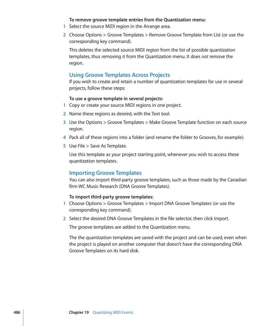 Using groove templates across projects, Importing groove templates | Apple Logic Express 8 User Manual | Page 486 / 1055