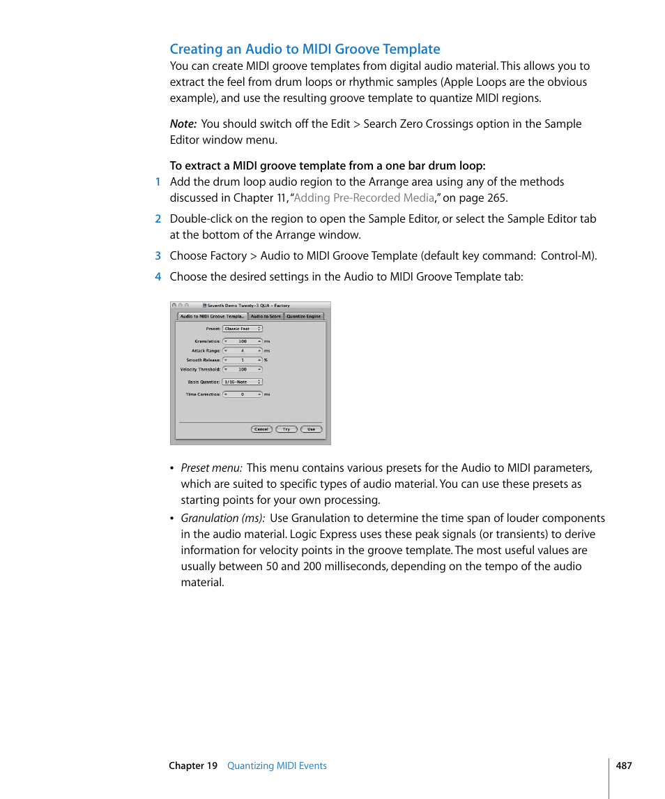 Creating an audio to midi groove template, Or example (see, Creating | An audio to midi groove template | Apple Logic Express 8 User Manual | Page 487 / 1055