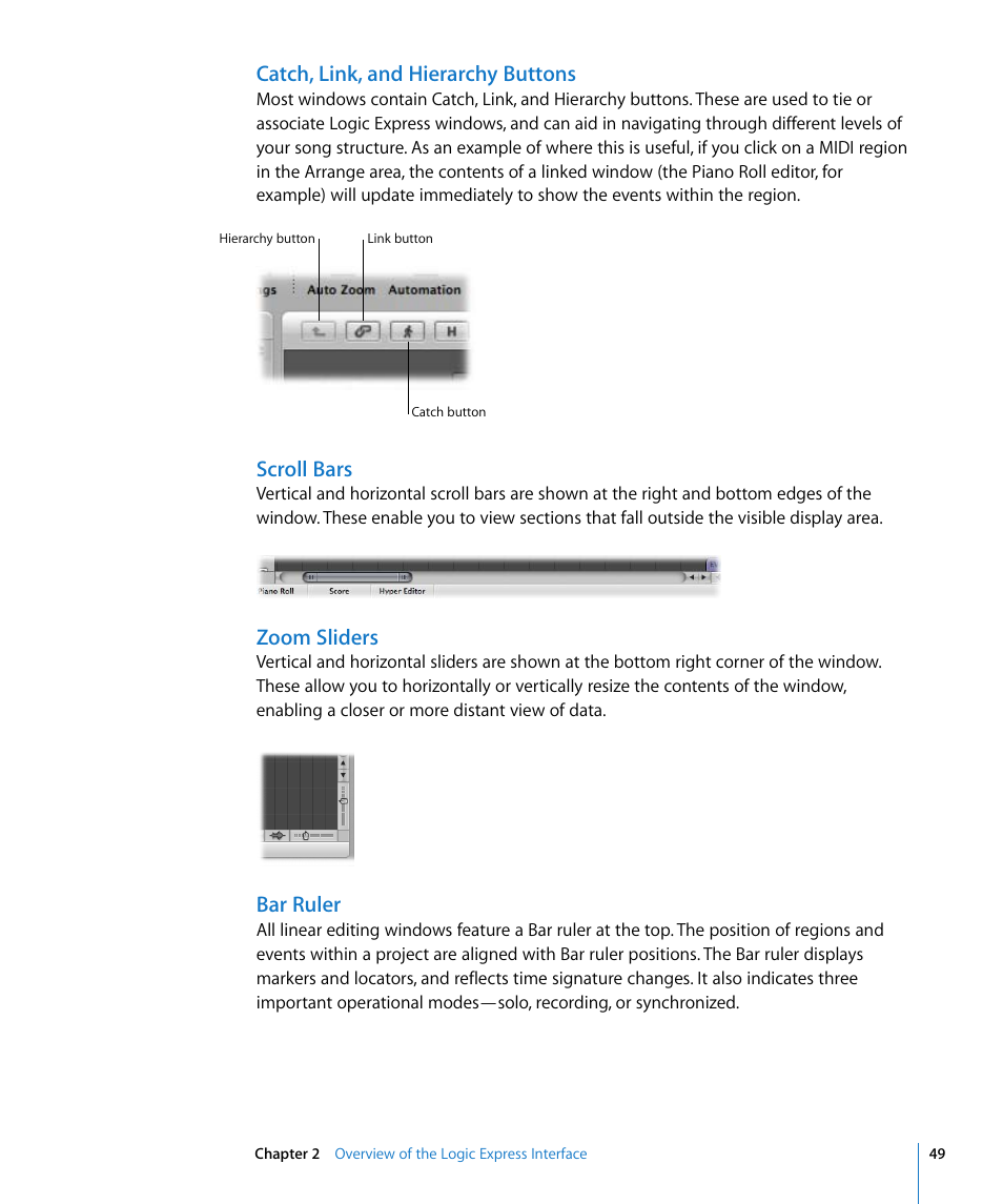 Catch, link, and hierarchy buttons, Scroll bars, Zoom sliders | Bar ruler | Apple Logic Express 8 User Manual | Page 49 / 1055