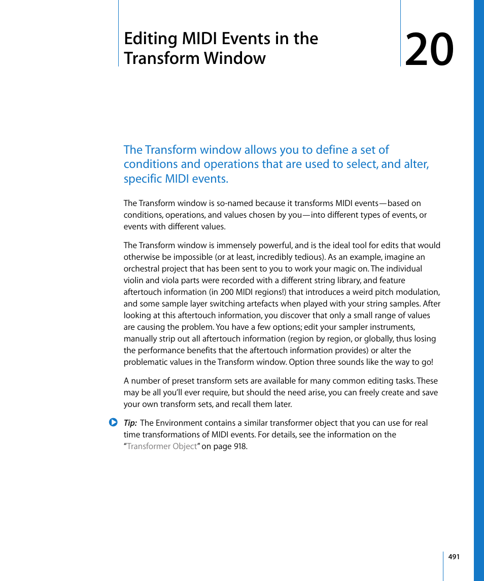 Editing midi events in the transform window, Chapter 20 | Apple Logic Express 8 User Manual | Page 491 / 1055
