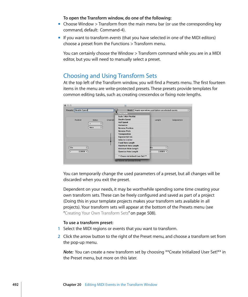 Choosing and using transform sets | Apple Logic Express 8 User Manual | Page 492 / 1055